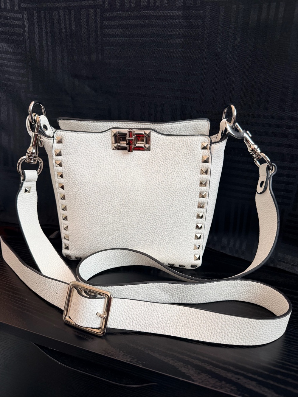 White Leather Stud-Trim Crossbody Shoulder Bag